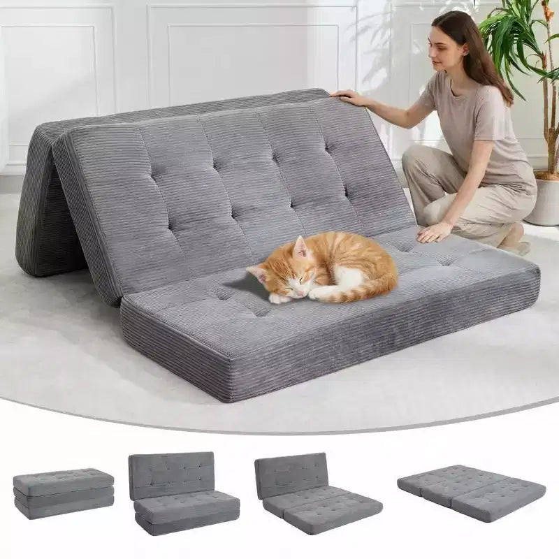 Colchón plegable de espuma de triple pliegue de 75x54.3 6, colchón de suelo para invitados de sofá cama de pana capitoné, portátil de apoyo para el hogar y acampar