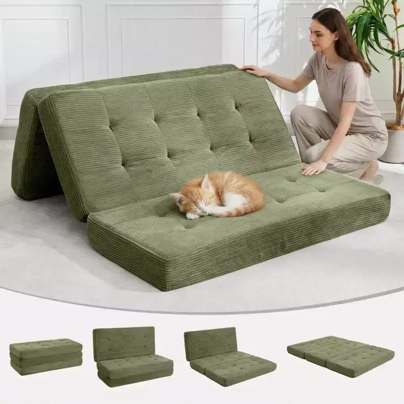 Colchón plegable de espuma de triple pliegue de 75x54.3 6, colchón de suelo para invitados de sofá cama de pana capitoné, portátil de apoyo para el hogar y acampar