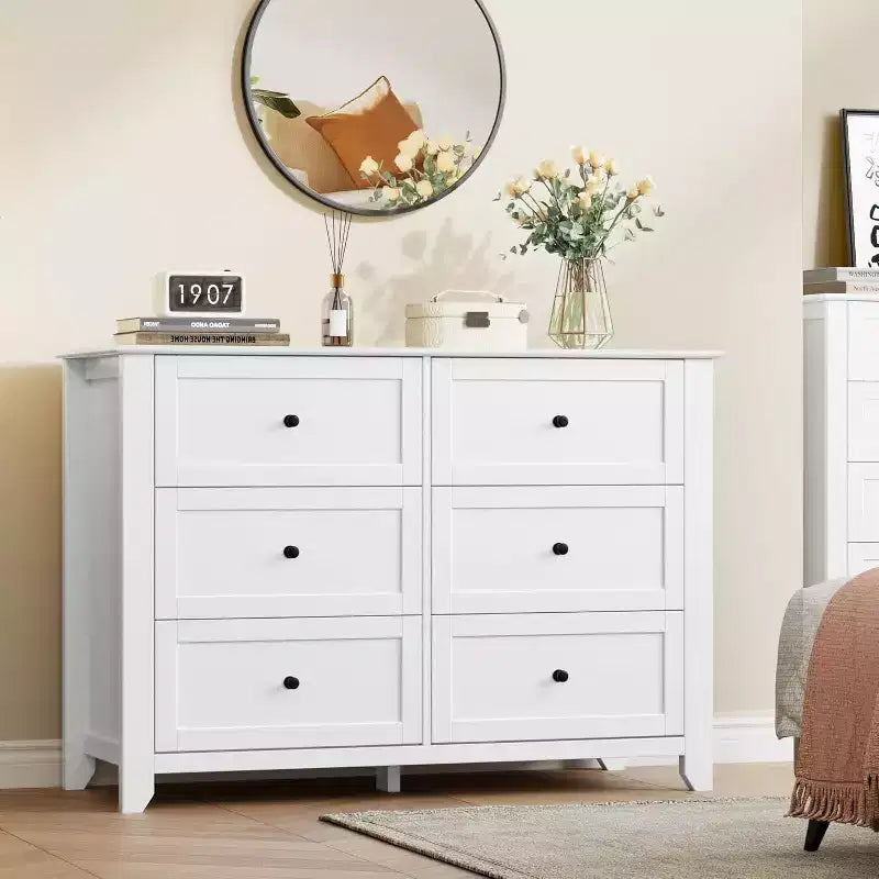 Cómoda de madera blanca moderna de 6 cajones, cómoda grande con cajones profundos y tiradores de metal para dormitorio, entrada y pasillo