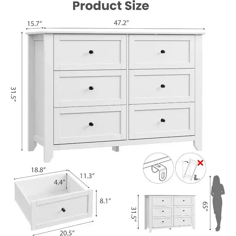 Cómoda de madera blanca moderna de 6 cajones, cómoda grande con cajones profundos y tiradores de metal para dormitorio, entrada y pasillo