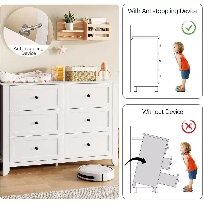 Cómoda de madera blanca moderna de 6 cajones, cómoda grande con cajones profundos y tiradores de metal para dormitorio, entrada y pasillo