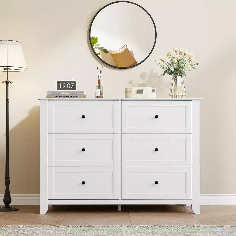 Cómoda de madera blanca moderna de 6 cajones, cómoda grande con cajones profundos y tiradores de metal para dormitorio, entrada y pasillo