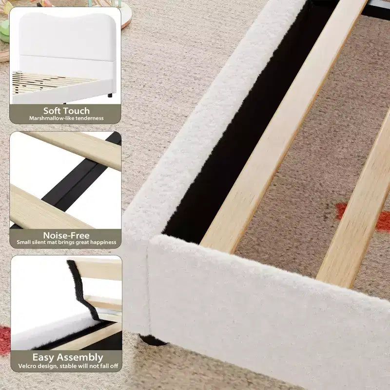 Estructura de cama infantil tapizada, diseño de plataforma baja, somier de madera resistente, no requiere somier de muelles, silenciosa y fácil de montar.