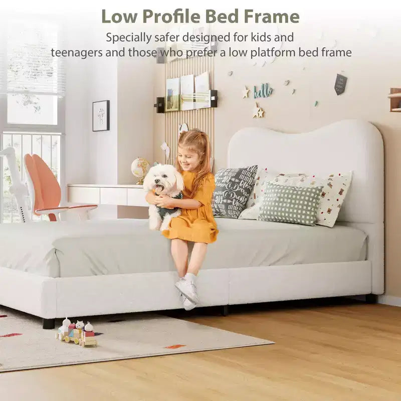 Estructura de cama infantil tapizada, diseño de plataforma baja, somier de madera resistente, no requiere somier de muelles, silenciosa y fácil de montar.