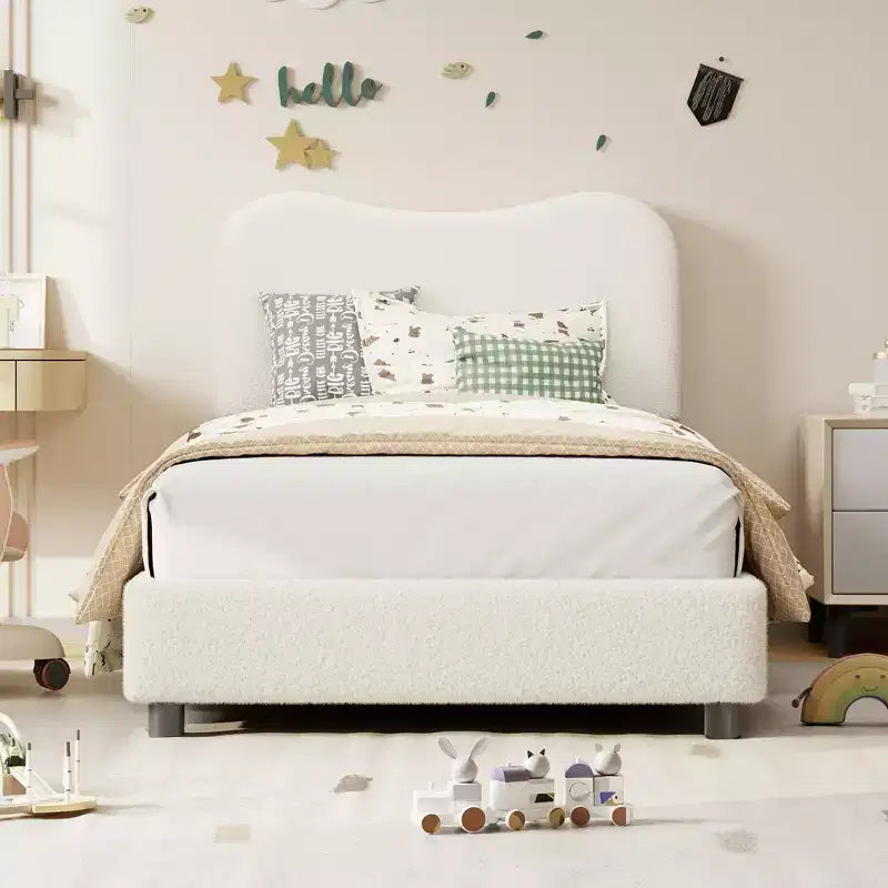 Estructura de cama infantil tapizada, diseño de plataforma baja, somier de madera resistente, no requiere somier de muelles, silenciosa y fácil de montar.