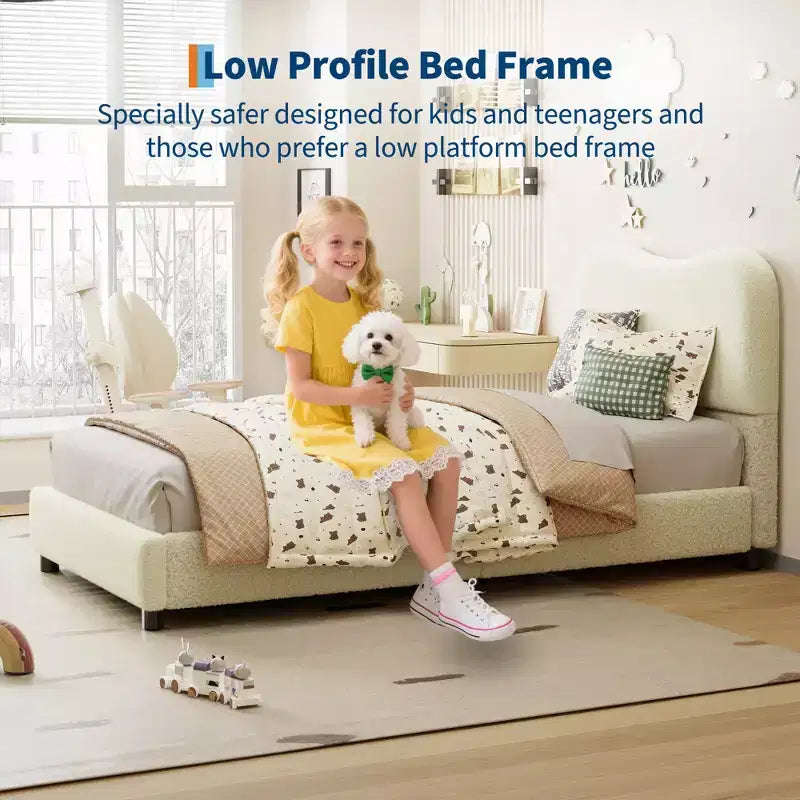 Estructura de cama infantil tapizada, diseño de plataforma baja, somier de madera resistente, no requiere somier de muelles, silenciosa y fácil de montar.