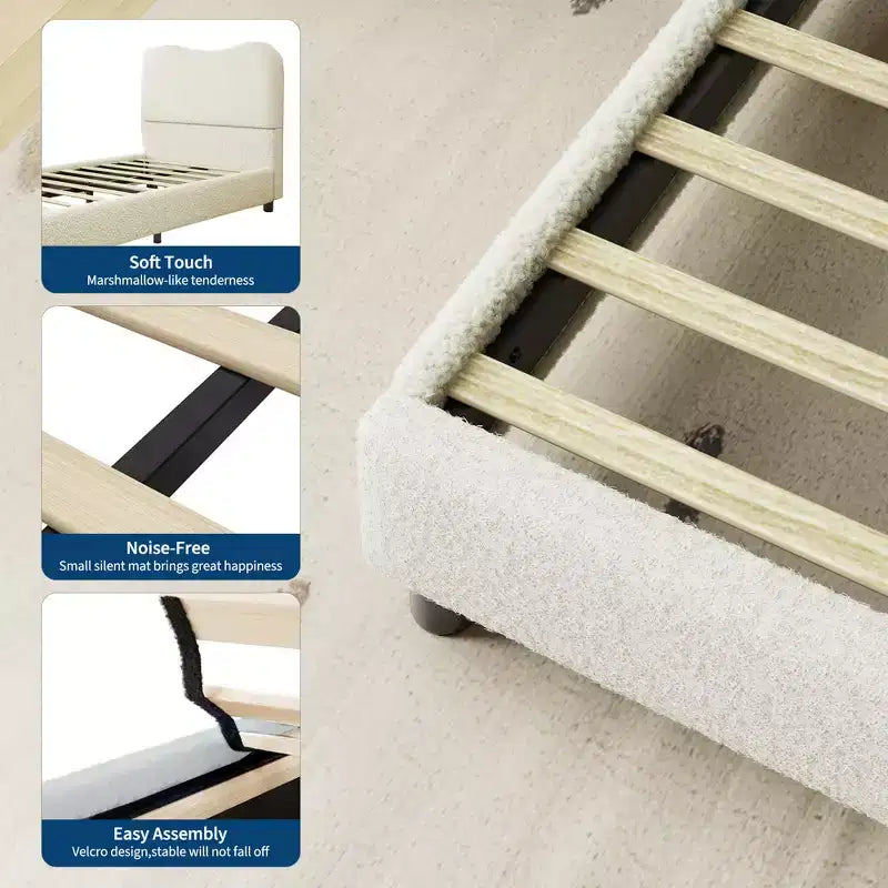 Estructura de cama infantil tapizada, diseño de plataforma baja, somier de madera resistente, no requiere somier de muelles, silenciosa y fácil de montar.