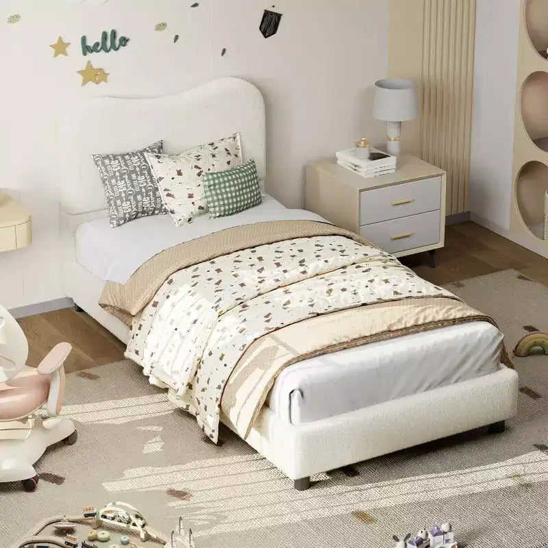 Estructura de cama infantil tapizada, diseño de plataforma baja, somier de madera resistente, no requiere somier de muelles, silenciosa y fácil de montar.