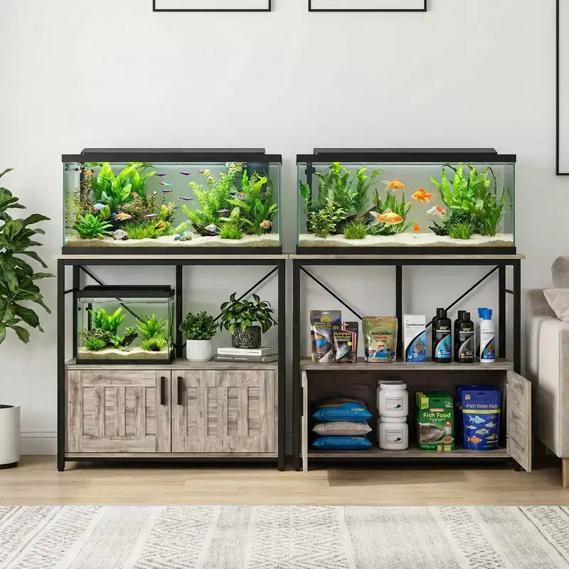Mueble para acuario de 40-50 galones, doble nivel de metal y madera con almacenamiento, capacidad de 660 lbs, patas ajustables, gris