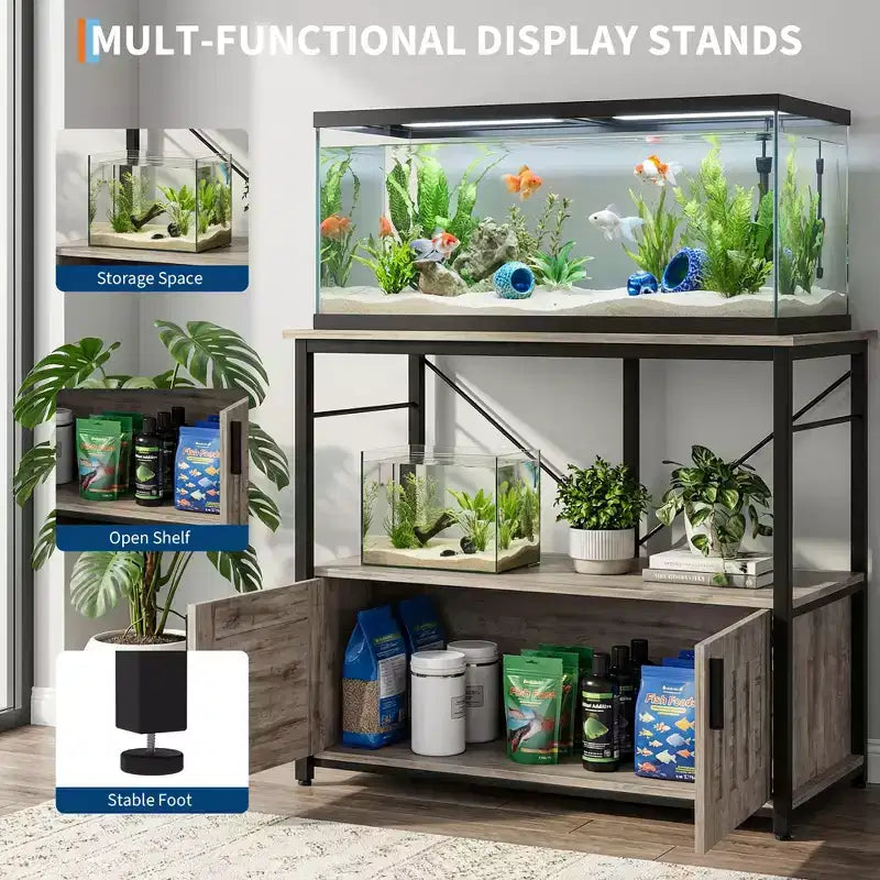 Mueble para acuario de 40-50 galones, doble nivel de metal y madera con almacenamiento, capacidad de 660 lbs, patas ajustables, gris