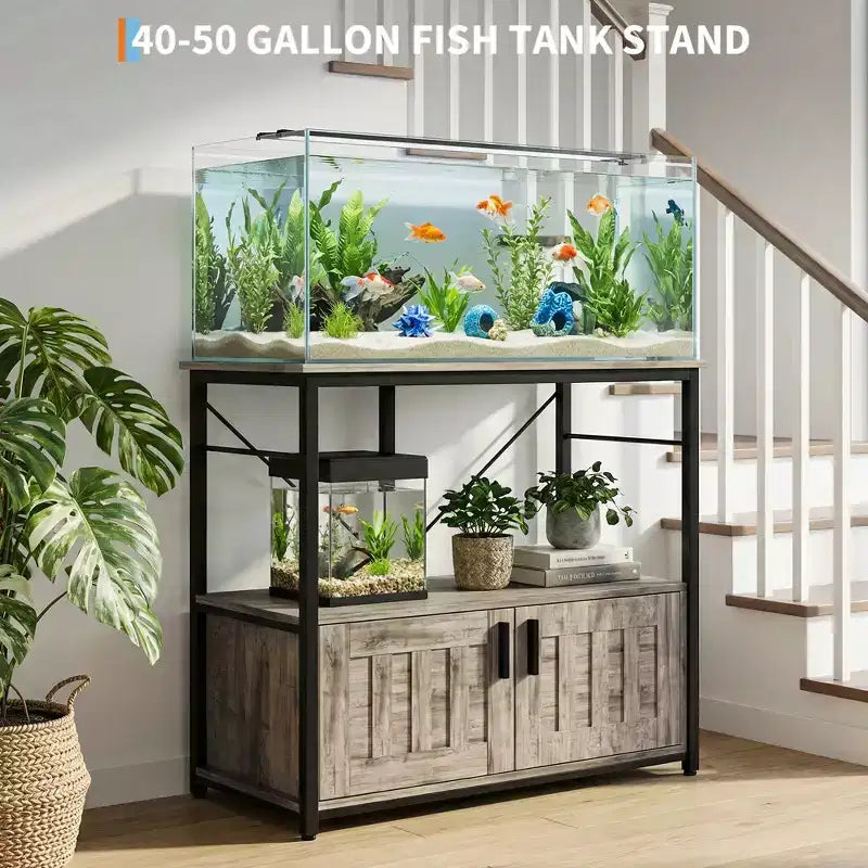 Mueble para acuario de 40-50 galones, doble nivel de metal y madera con almacenamiento, capacidad de 660 lbs, patas ajustables, gris