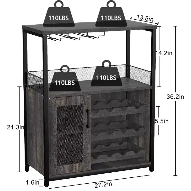 Vitrina/Estante para Cafetería y Bar de Vinos con Botellero Desmontable, Soporte para Copas, Cajón y Puerta de Malla, Aparador y Almacenamiento tipo Buffet para Comedor, Cocina