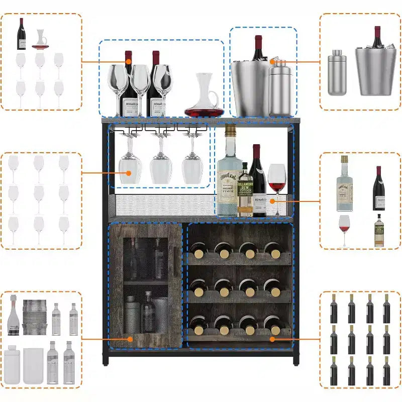 Vitrina/Estante para Cafetería y Bar de Vinos con Botellero Desmontable, Soporte para Copas, Cajón y Puerta de Malla, Aparador y Almacenamiento tipo Buffet para Comedor, Cocina