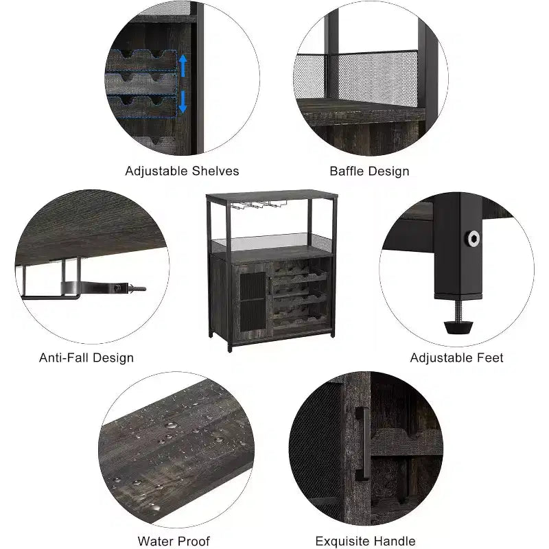 Vitrina/Estante para Cafetería y Bar de Vinos con Botellero Desmontable, Soporte para Copas, Cajón y Puerta de Malla, Aparador y Almacenamiento tipo Buffet para Comedor, Cocina