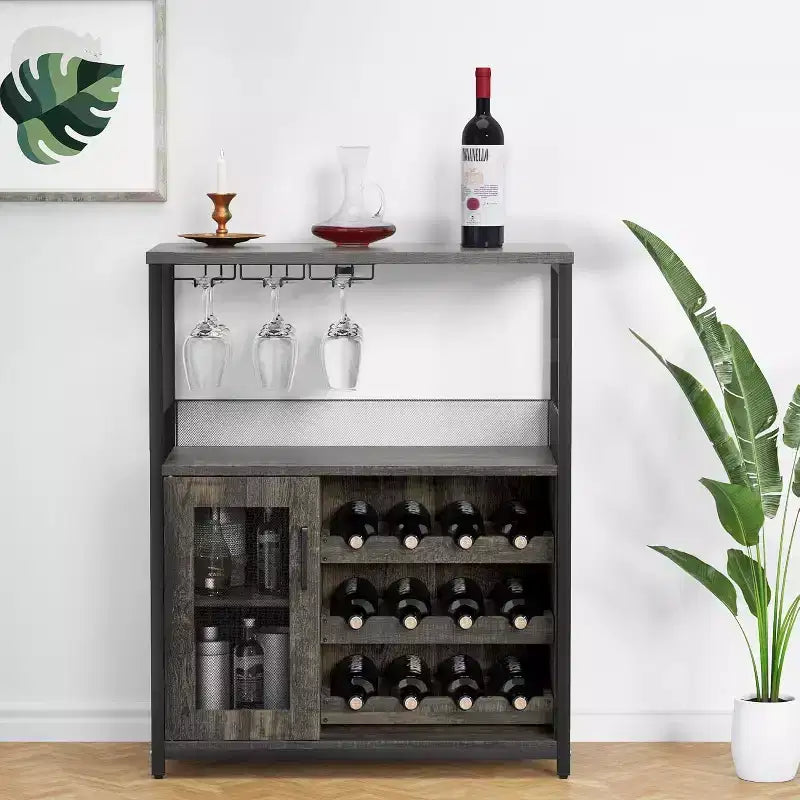 Vitrina/Estante para Cafetería y Bar de Vinos con Botellero Desmontable, Soporte para Copas, Cajón y Puerta de Malla, Aparador y Almacenamiento tipo Buffet para Comedor, Cocina