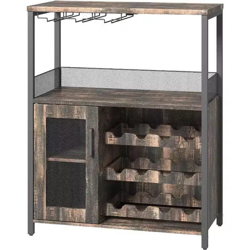 Vitrina/Estante para Cafetería y Bar de Vinos con Botellero Desmontable, Soporte para Copas, Cajón y Puerta de Malla, Aparador y Almacenamiento tipo Buffet para Comedor, Cocina