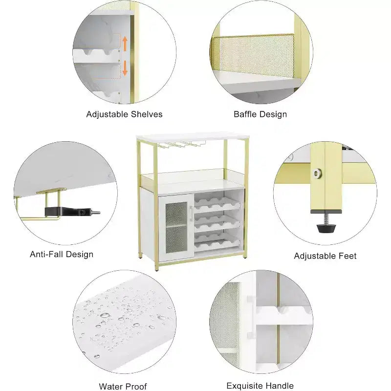 Vitrina/Estante para Cafetería y Bar de Vinos con Botellero Desmontable, Soporte para Copas, Cajón y Puerta de Malla, Aparador y Almacenamiento tipo Buffet para Comedor, Cocina