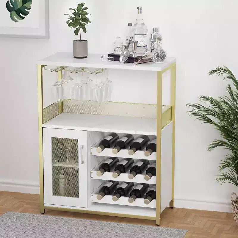 Vitrina/Estante para Cafetería y Bar de Vinos con Botellero Desmontable, Soporte para Copas, Cajón y Puerta de Malla, Aparador y Almacenamiento tipo Buffet para Comedor, Cocina