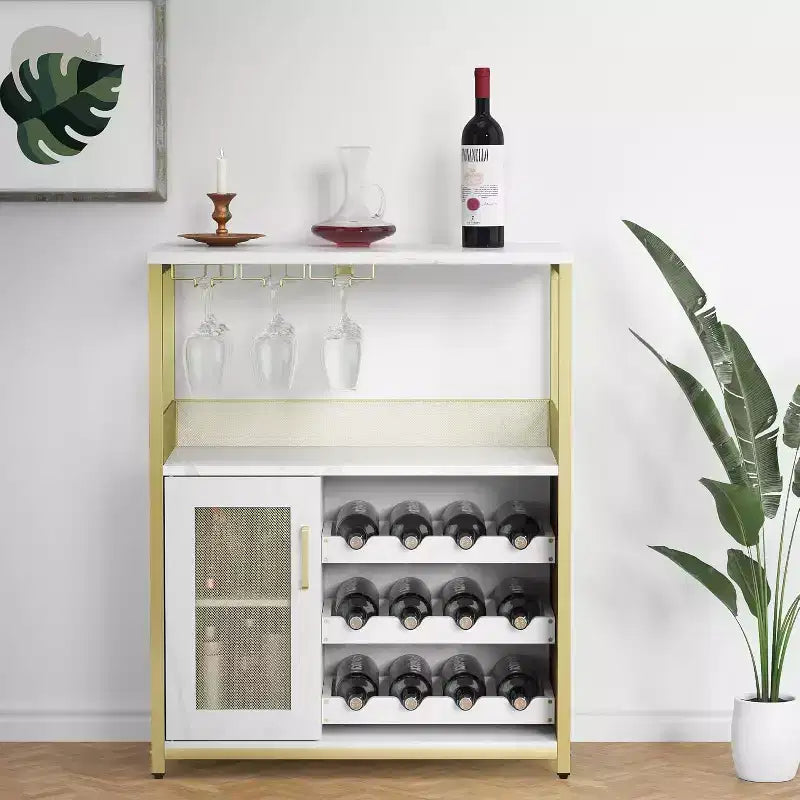 Vitrina/Estante para Cafetería y Bar de Vinos con Botellero Desmontable, Soporte para Copas, Cajón y Puerta de Malla, Aparador y Almacenamiento tipo Buffet para Comedor, Cocina