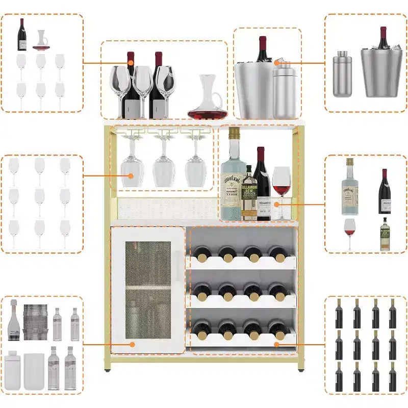 Vitrina/Estante para Cafetería y Bar de Vinos con Botellero Desmontable, Soporte para Copas, Cajón y Puerta de Malla, Aparador y Almacenamiento tipo Buffet para Comedor, Cocina