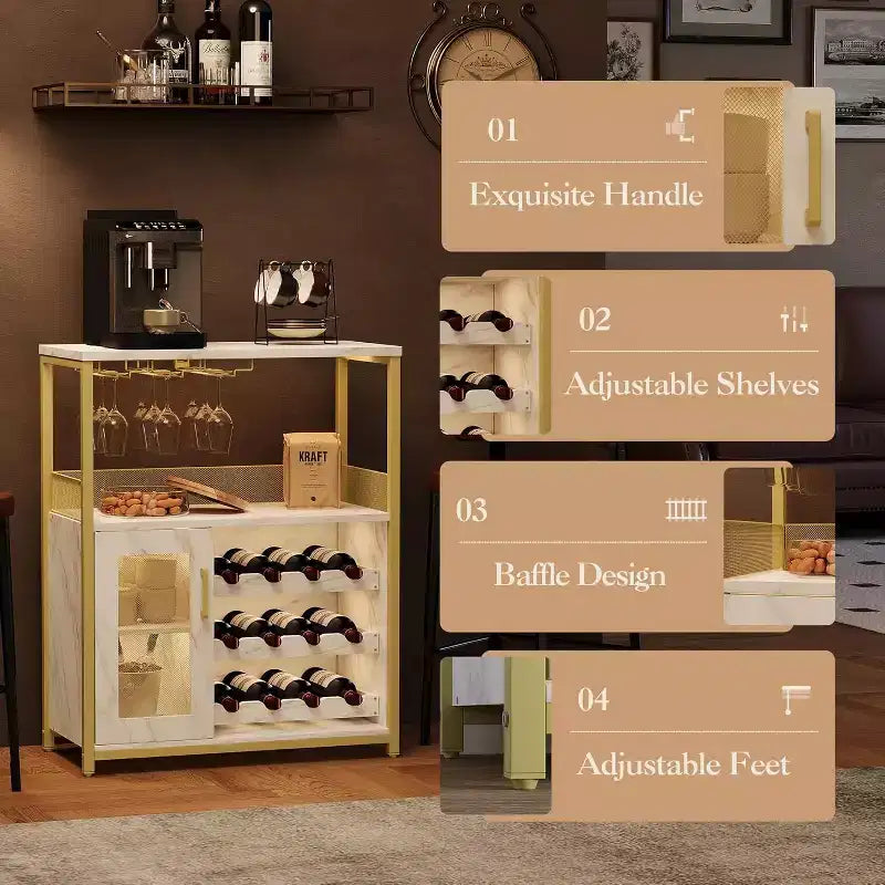 Vitrina/Estante para Cafetería y Bar de Vinos con Botellero Desmontable, Soporte para Copas, Cajón y Puerta de Malla, Aparador y Almacenamiento tipo Buffet para Comedor, Cocina