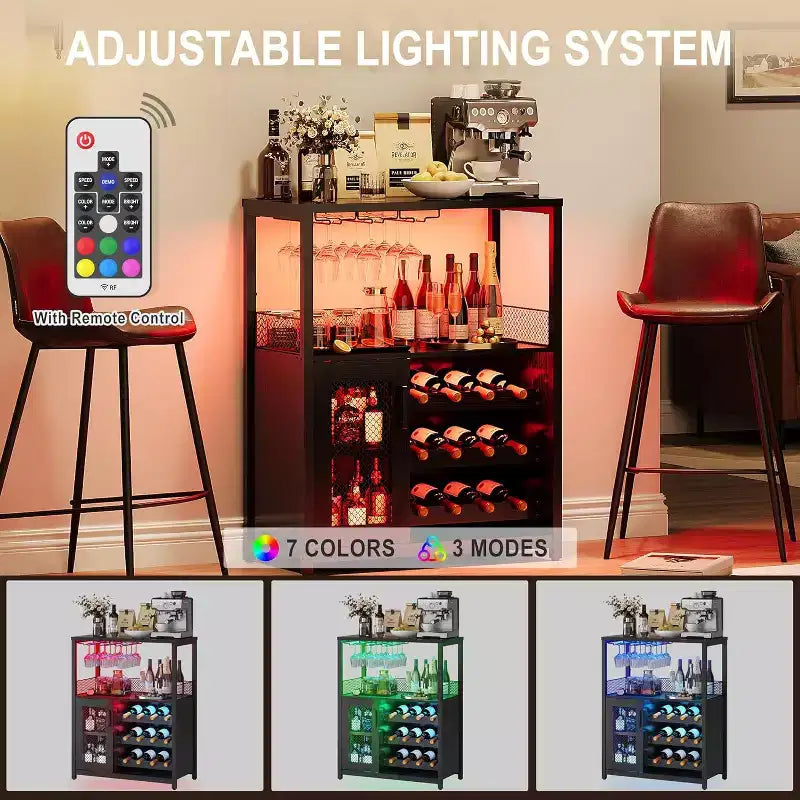 Vitrina/Estante para Cafetería y Bar de Vinos con Botellero Desmontable, Soporte para Copas, Cajón y Puerta de Malla, Aparador y Almacenamiento tipo Buffet para Comedor, Cocina