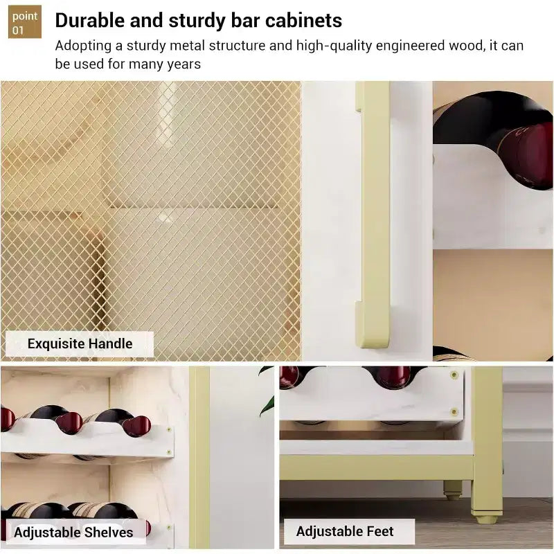 Vitrina/Estante para Cafetería y Bar de Vinos con Botellero Desmontable, Soporte para Copas, Cajón y Puerta de Malla, Aparador y Almacenamiento tipo Buffet para Comedor, Cocina