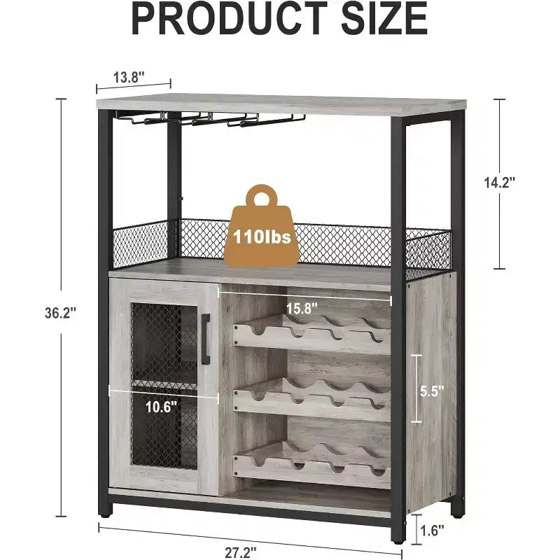 Vitrina/Estante para Cafetería y Bar de Vinos con Botellero Desmontable, Soporte para Copas, Cajón y Puerta de Malla, Aparador y Almacenamiento tipo Buffet para Comedor, Cocina