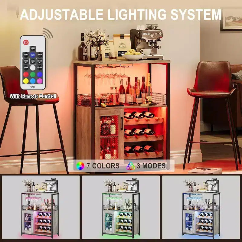 Vitrina/Estante para Cafetería y Bar de Vinos con Botellero Desmontable, Soporte para Copas, Cajón y Puerta de Malla, Aparador y Almacenamiento tipo Buffet para Comedor, Cocina