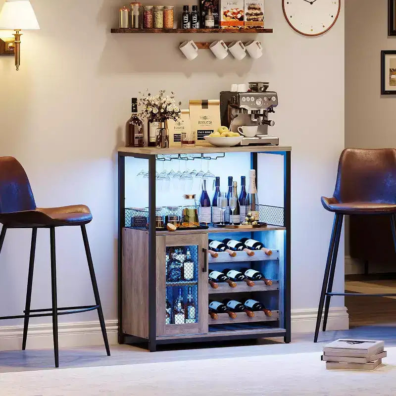 Vitrina/Estante para Cafetería y Bar de Vinos con Botellero Desmontable, Soporte para Copas, Cajón y Puerta de Malla, Aparador y Almacenamiento tipo Buffet para Comedor, Cocina