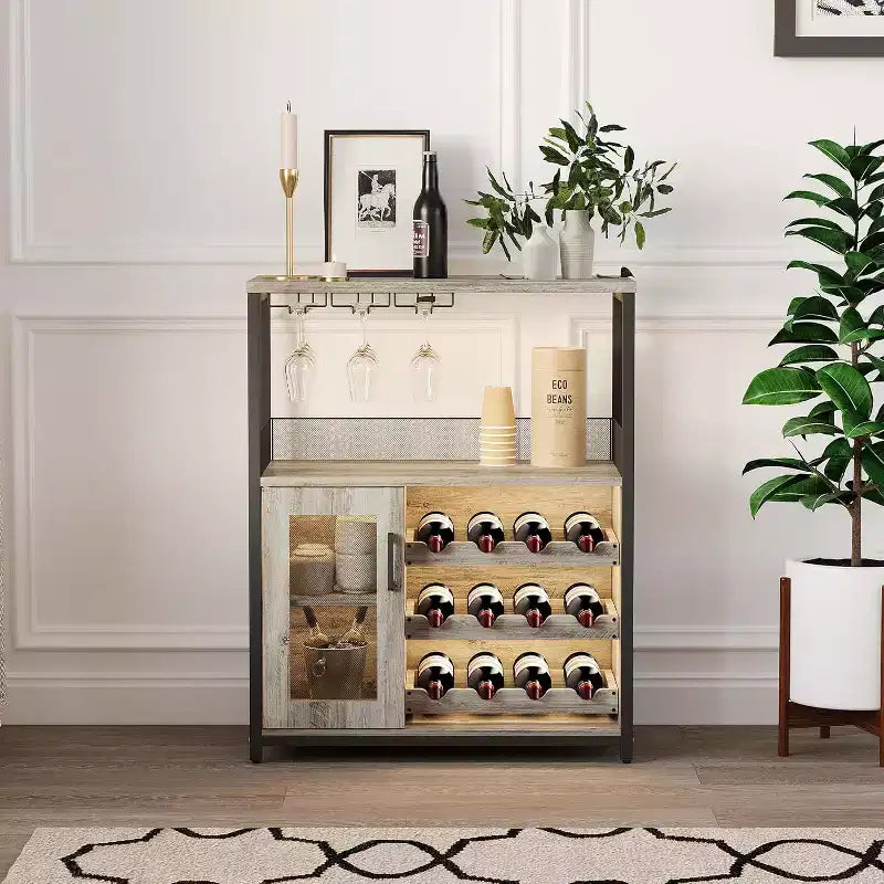 Vitrina/Estante para Cafetería y Bar de Vinos con Botellero Desmontable, Soporte para Copas, Cajón y Puerta de Malla, Aparador y Almacenamiento tipo Buffet para Comedor, Cocina