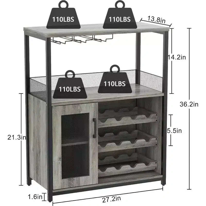 Vitrina/Estante para Cafetería y Bar de Vinos con Botellero Desmontable, Soporte para Copas, Cajón y Puerta de Malla, Aparador y Almacenamiento tipo Buffet para Comedor, Cocina