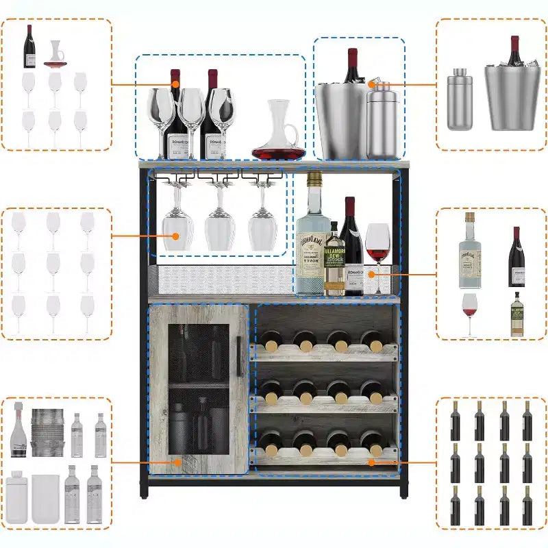 Vitrina/Estante para Cafetería y Bar de Vinos con Botellero Desmontable, Soporte para Copas, Cajón y Puerta de Malla, Aparador y Almacenamiento tipo Buffet para Comedor, Cocina