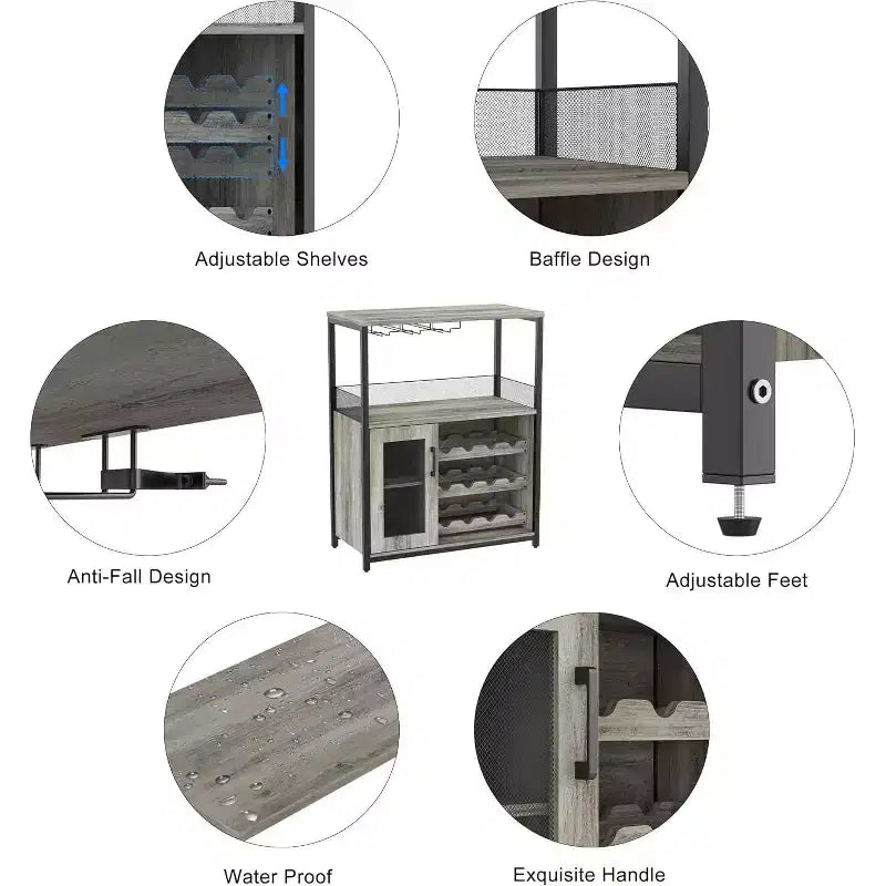 Vitrina/Estante para Cafetería y Bar de Vinos con Botellero Desmontable, Soporte para Copas, Cajón y Puerta de Malla, Aparador y Almacenamiento tipo Buffet para Comedor, Cocina