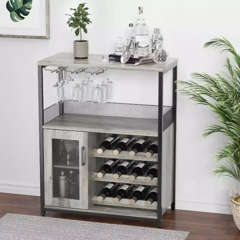 Vitrina/Estante para Cafetería y Bar de Vinos con Botellero Desmontable, Soporte para Copas, Cajón y Puerta de Malla, Aparador y Almacenamiento tipo Buffet para Comedor, Cocina