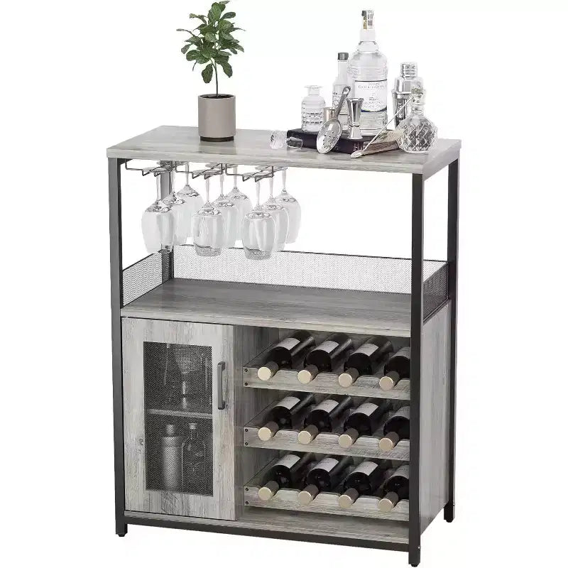 Vitrina/Estante para Cafetería y Bar de Vinos con Botellero Desmontable, Soporte para Copas, Cajón y Puerta de Malla, Aparador y Almacenamiento tipo Buffet para Comedor, Cocina