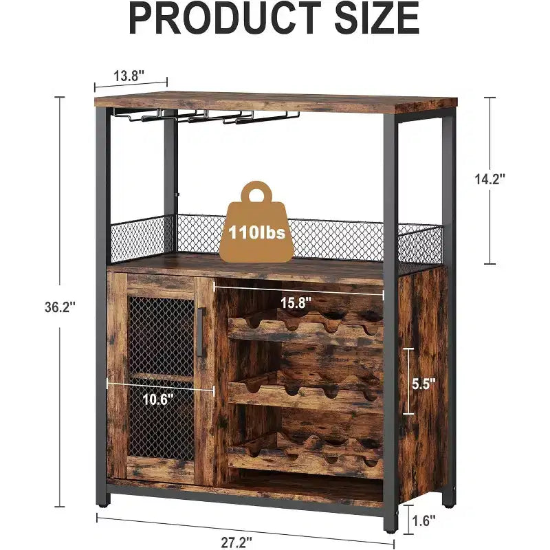 Vitrina/Estante para Cafetería y Bar de Vinos con Botellero Desmontable, Soporte para Copas, Cajón y Puerta de Malla, Aparador y Almacenamiento tipo Buffet para Comedor, Cocina