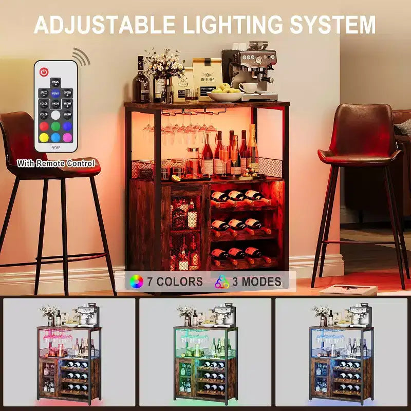 Vitrina/Estante para Cafetería y Bar de Vinos con Botellero Desmontable, Soporte para Copas, Cajón y Puerta de Malla, Aparador y Almacenamiento tipo Buffet para Comedor, Cocina