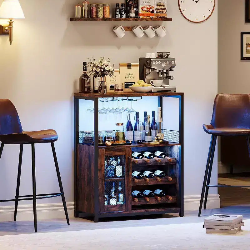 Vitrina/Estante para Cafetería y Bar de Vinos con Botellero Desmontable, Soporte para Copas, Cajón y Puerta de Malla, Aparador y Almacenamiento tipo Buffet para Comedor, Cocina