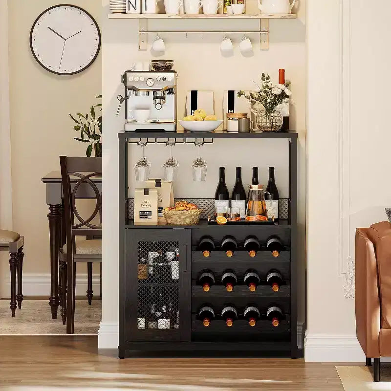 Vitrina/Estante para Cafetería y Bar de Vinos con Botellero Desmontable, Soporte para Copas, Cajón y Puerta de Malla, Aparador y Almacenamiento tipo Buffet para Comedor, Cocina