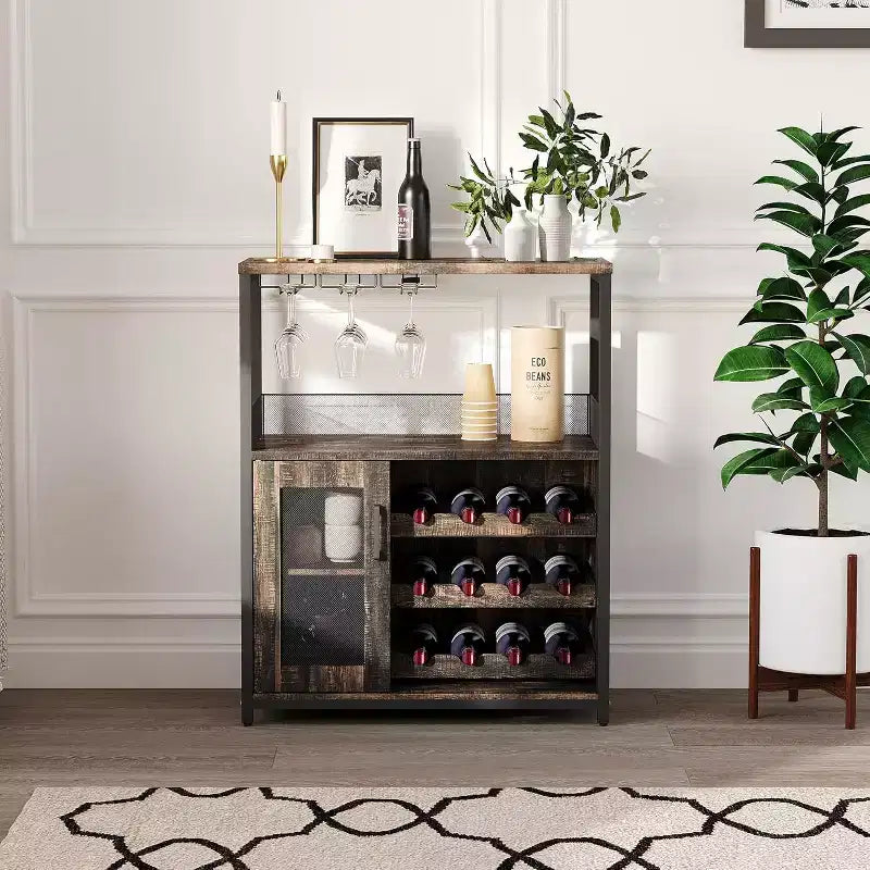 Vitrina/Estante para Cafetería y Bar de Vinos con Botellero Desmontable, Soporte para Copas, Cajón y Puerta de Malla, Aparador y Almacenamiento tipo Buffet para Comedor, Cocina