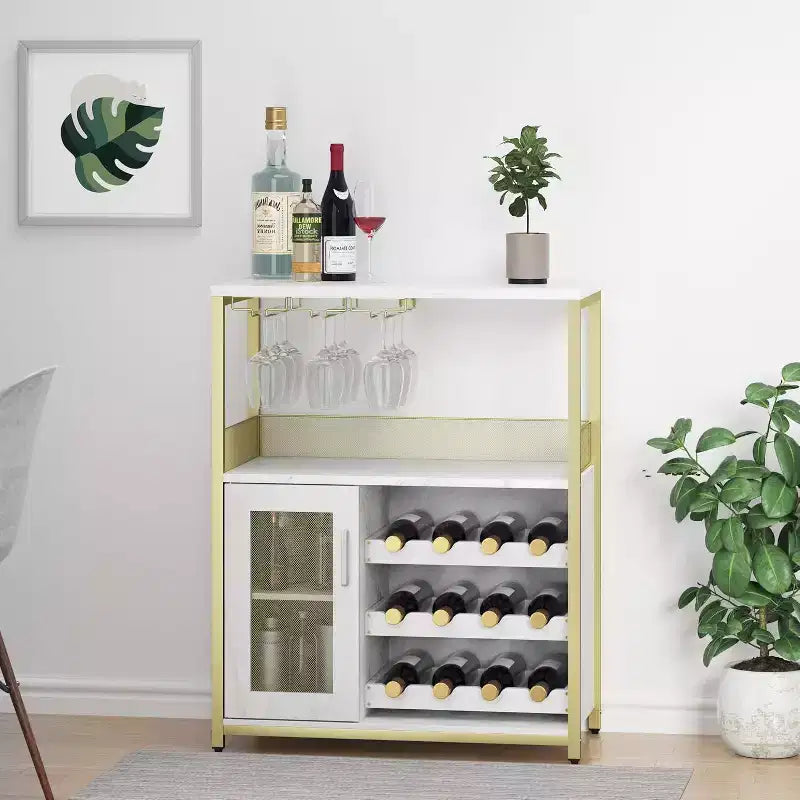 Vitrina/Estante para Cafetería y Bar de Vinos con Botellero Desmontable, Soporte para Copas, Cajón y Puerta de Malla, Aparador y Almacenamiento tipo Buffet para Comedor, Cocina