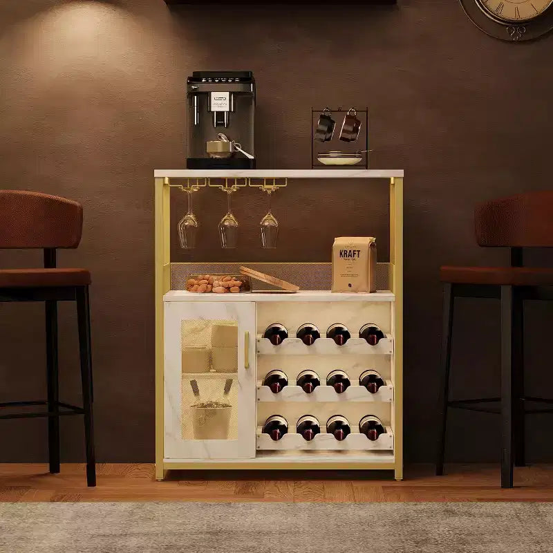 Vitrina/Estante para Cafetería y Bar de Vinos con Botellero Desmontable, Soporte para Copas, Cajón y Puerta de Malla, Aparador y Almacenamiento tipo Buffet para Comedor, Cocina