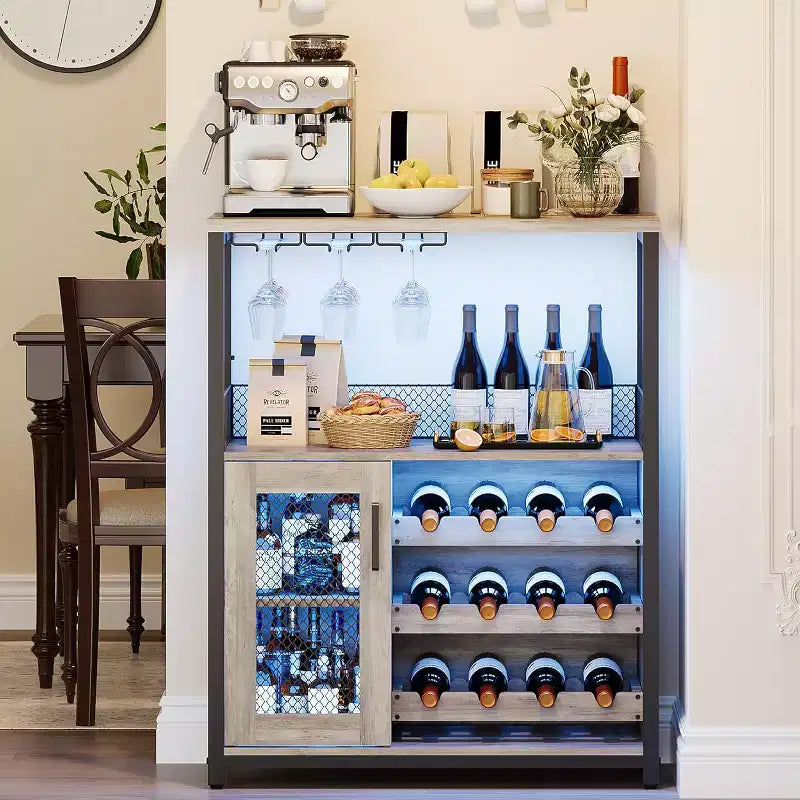 Vitrina/Estante para Cafetería y Bar de Vinos con Botellero Desmontable, Soporte para Copas, Cajón y Puerta de Malla, Aparador y Almacenamiento tipo Buffet para Comedor, Cocina