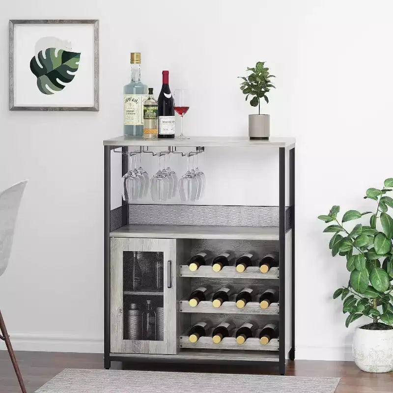 Vitrina/Estante para Cafetería y Bar de Vinos con Botellero Desmontable, Soporte para Copas, Cajón y Puerta de Malla, Aparador y Almacenamiento tipo Buffet para Comedor, Cocina