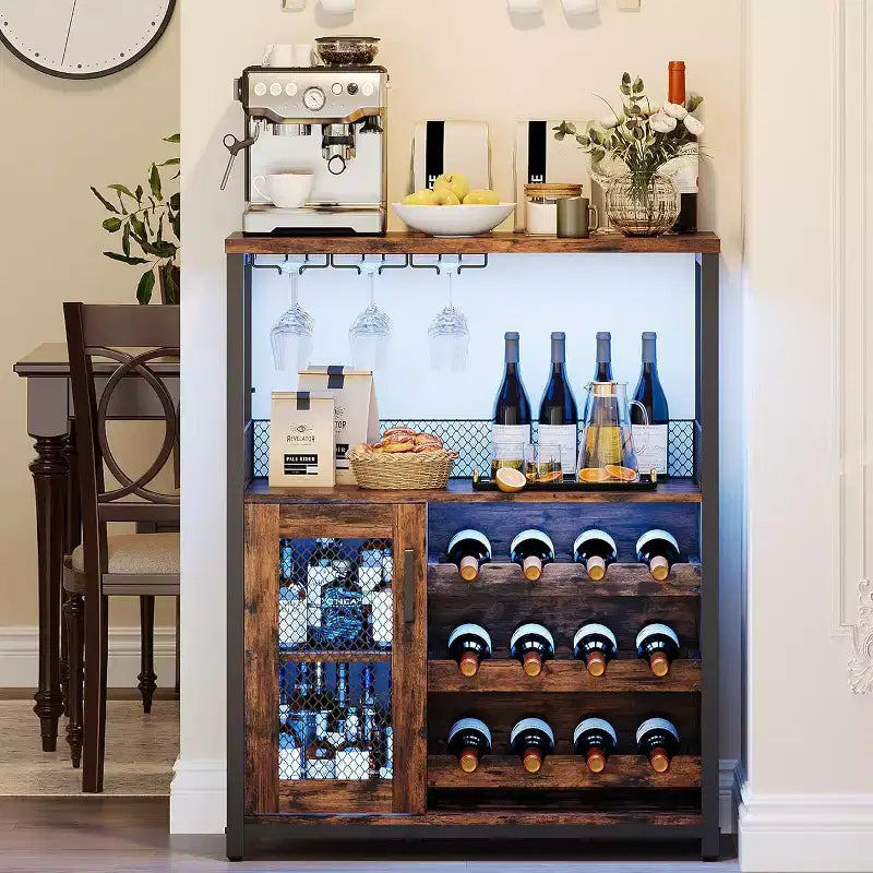 Vitrina/Estante para Cafetería y Bar de Vinos con Botellero Desmontable, Soporte para Copas, Cajón y Puerta de Malla, Aparador y Almacenamiento tipo Buffet para Comedor, Cocina