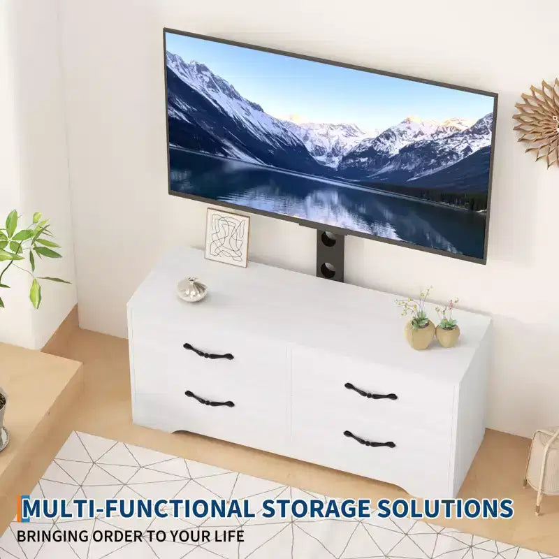 Mueble para TV con soporte para televisores de 32 a 75 pulgadas, mesa de consola multimedia moderna con 4 cajones grandes, cómoda centro de entretenimiento para sala de estar y dormitorio