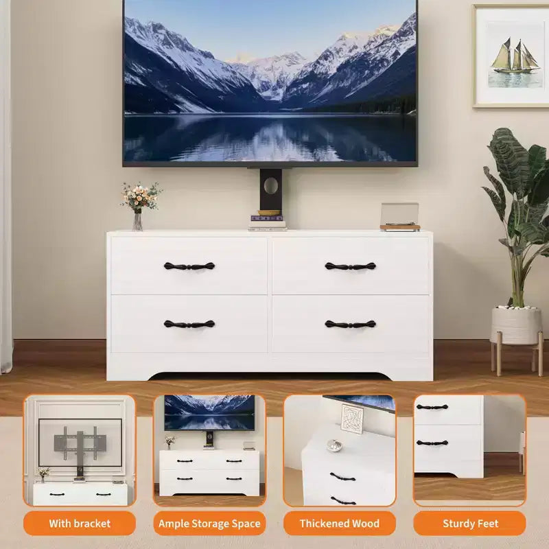 Mueble para TV con soporte para televisores de 32 a 75 pulgadas, mesa de consola multimedia moderna con 4 cajones grandes, cómoda centro de entretenimiento para sala de estar y dormitorio