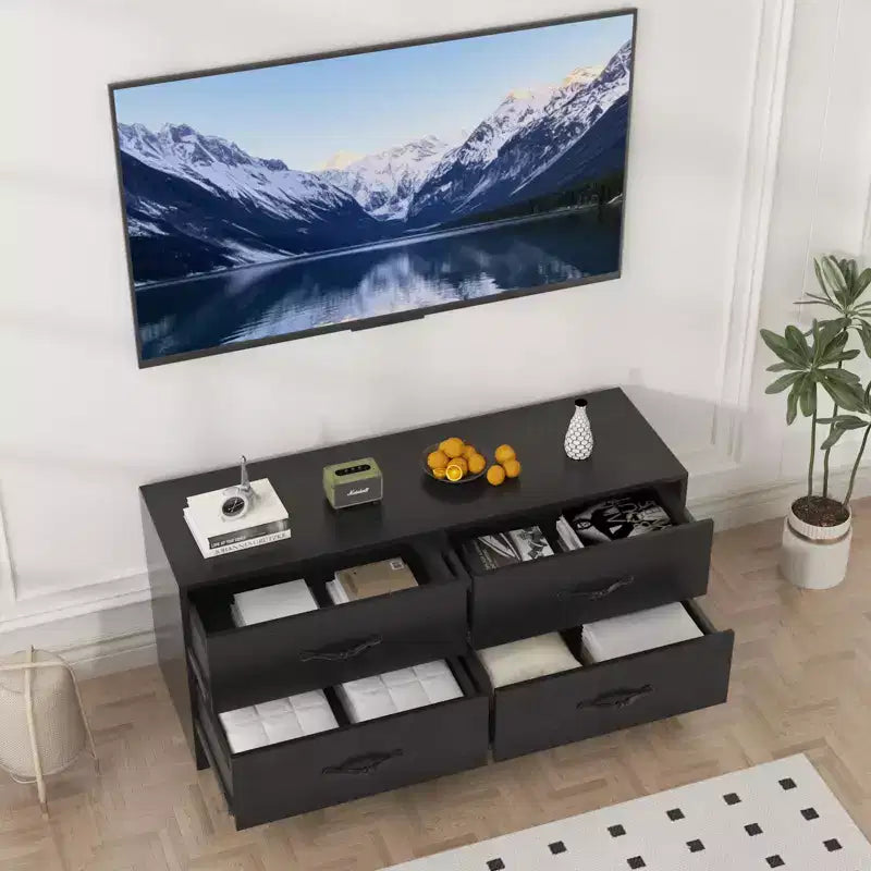 Mueble para TV con soporte para televisores de 32 a 75 pulgadas, mesa de consola multimedia moderna con 4 cajones grandes, cómoda centro de entretenimiento para sala de estar y dormitorio
