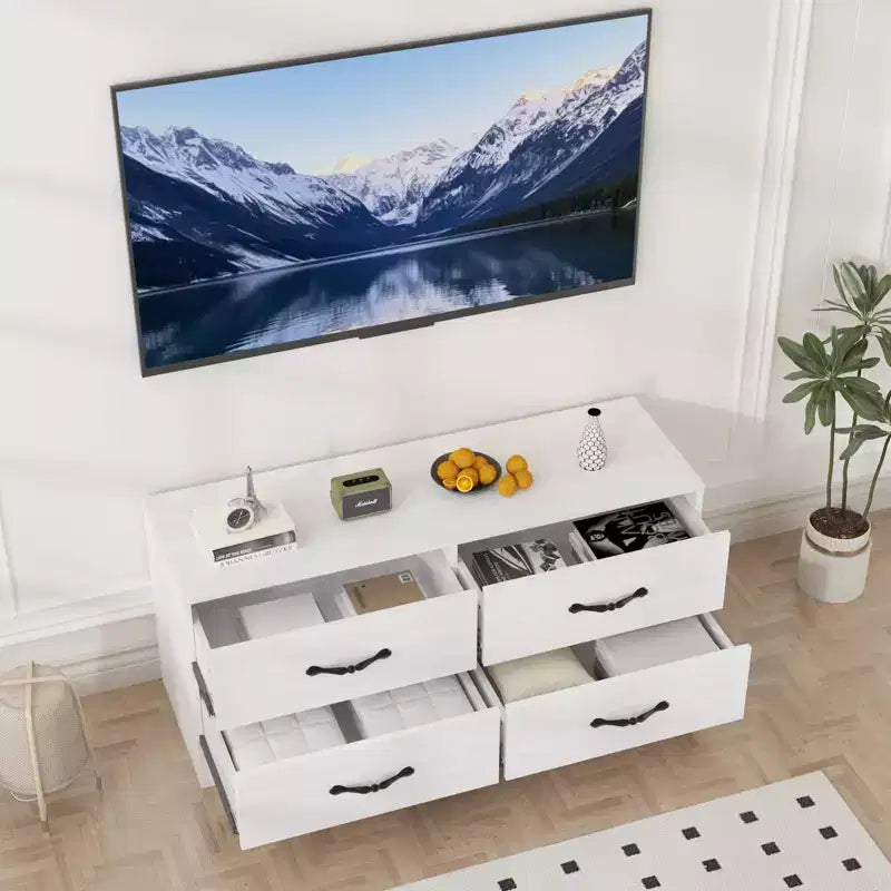 Mueble para TV con soporte para televisores de 32 a 75 pulgadas, mesa de consola multimedia moderna con 4 cajones grandes, cómoda centro de entretenimiento para sala de estar y dormitorio